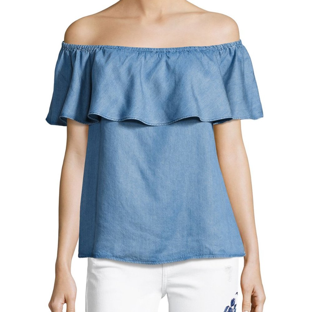 7 FOR ALL MANKIND Blue Off The Shoulder Ruffle Pullover Denim Top Size XS